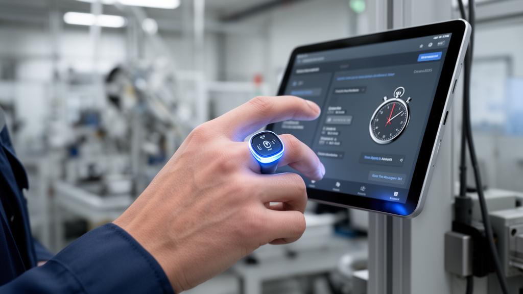 Ingeniero industrial controlando CronoTech con un anillo Bluetooth en una fábrica